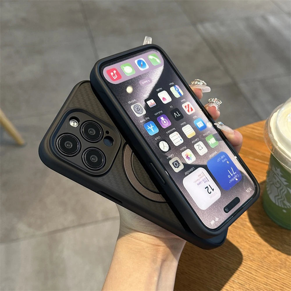 Deluxe Carbon Fiber Texture Phone Case for Iphone 16 15 14 plus 13 12 Pro Max Magnetic Ring Stand Magsafe Wireless Cover
