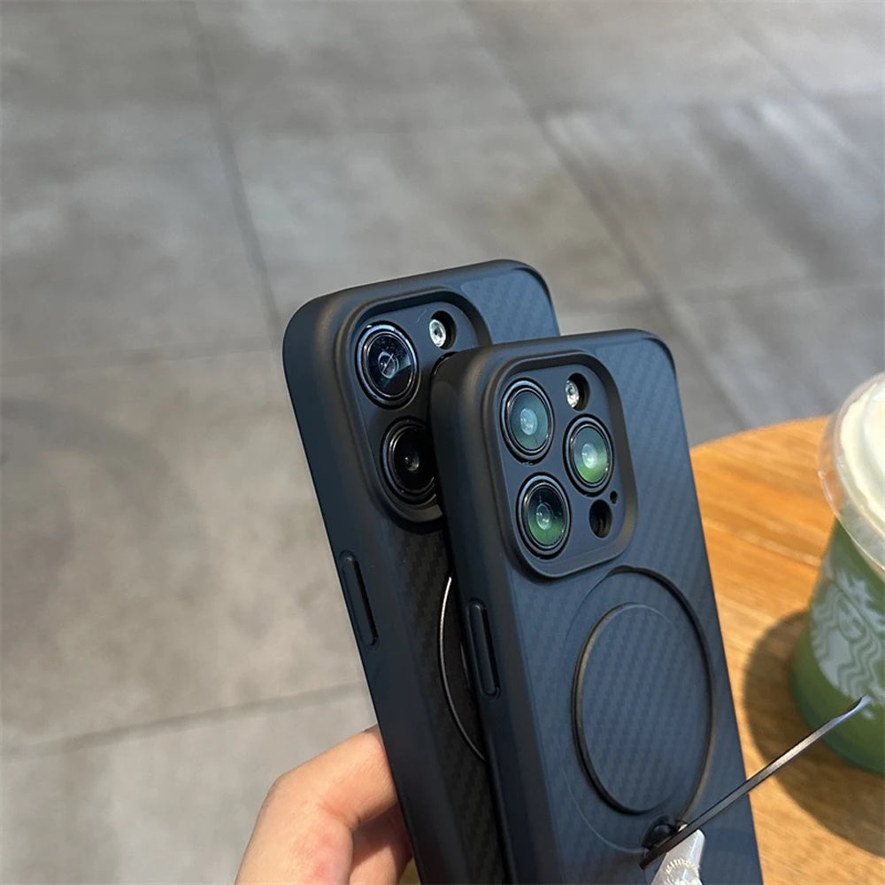 Deluxe Carbon Fiber Texture Phone Case for Iphone 16 15 14 plus 13 12 Pro Max Magnetic Ring Stand Magsafe Wireless Cover