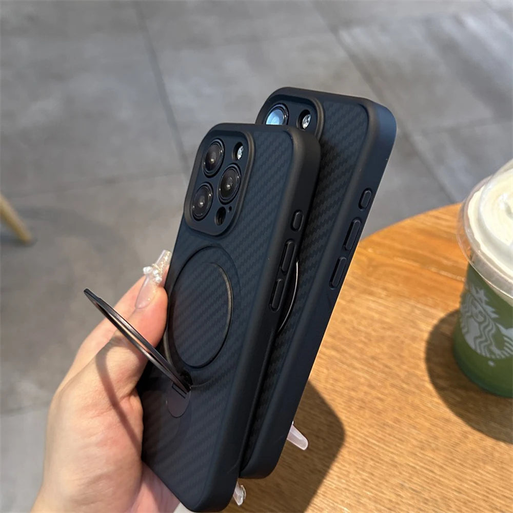 Deluxe Carbon Fiber Texture Phone Case for Iphone 16 15 14 plus 13 12 Pro Max Magnetic Ring Stand Magsafe Wireless Cover