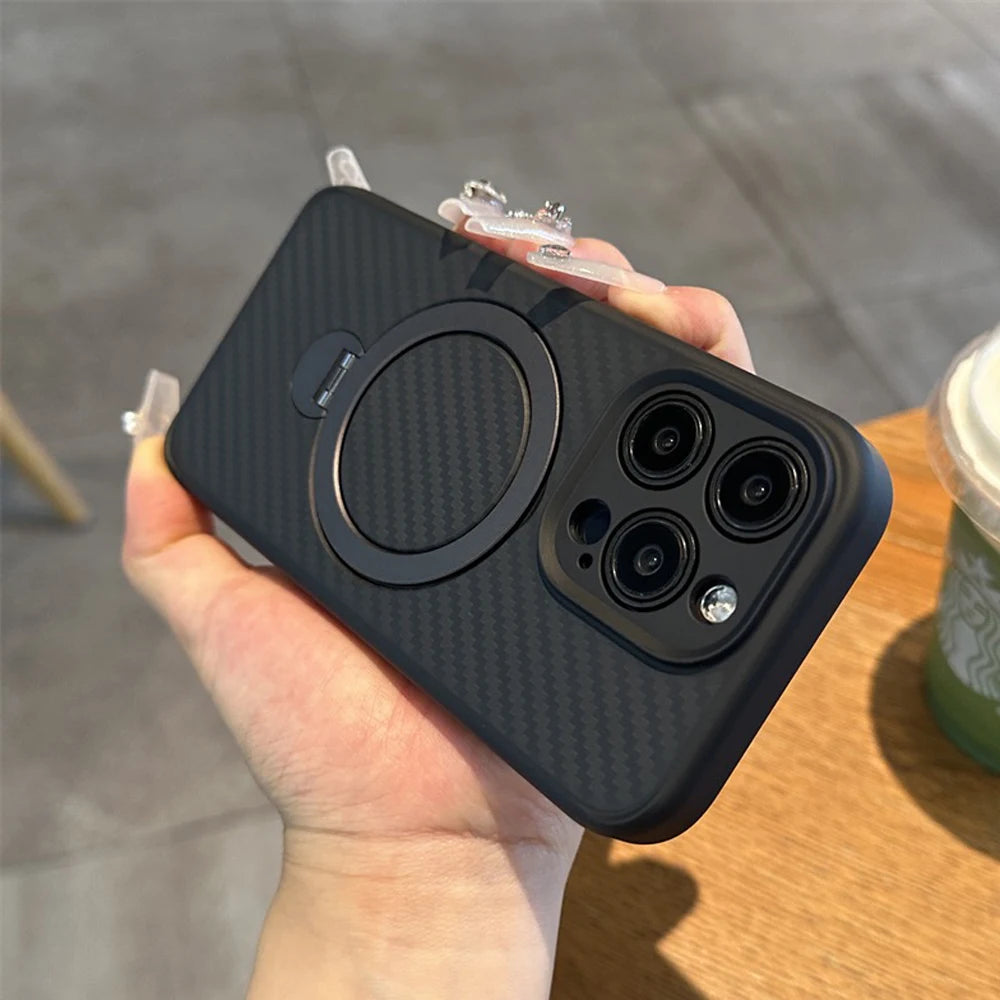 Deluxe Carbon Fiber Texture Phone Case for Iphone 16 15 14 plus 13 12 Pro Max Magnetic Ring Stand Magsafe Wireless Cover