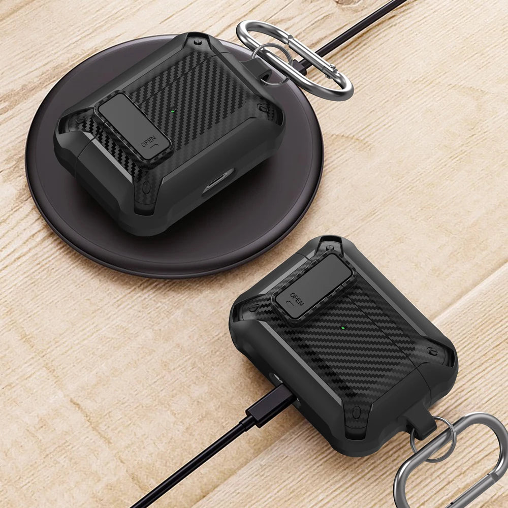Security Lock Cover for Airpods Pro 2 Case Luxury Carbon Fibre Switch Earphone Case with Keychain for Airpods 4 3 Shockproof Box