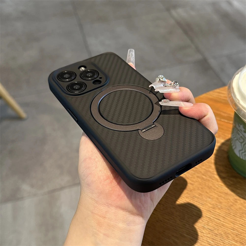 Deluxe Carbon Fiber Texture Phone Case for Iphone 16 15 14 plus 13 12 Pro Max Magnetic Ring Stand Magsafe Wireless Cover
