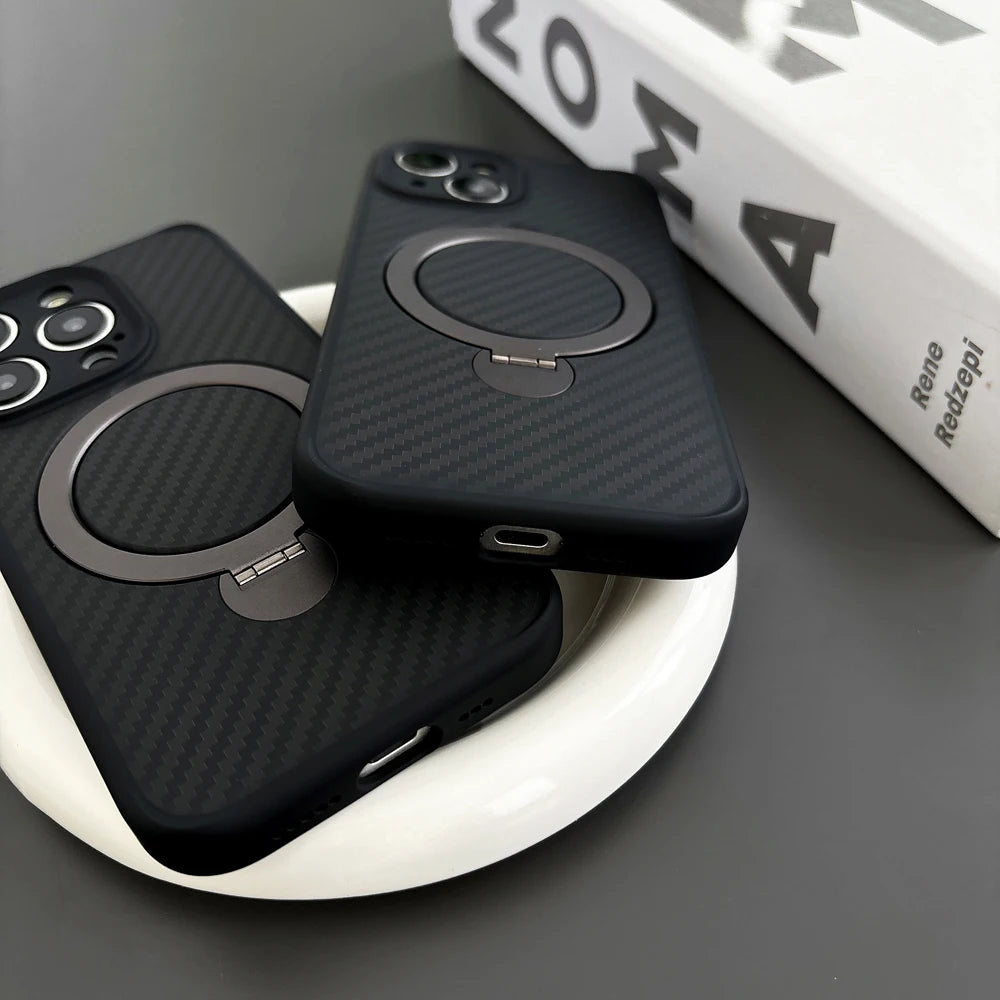 Deluxe Carbon Fiber Texture Phone Case for Iphone 16 15 14 plus 13 12 Pro Max Magnetic Ring Stand Magsafe Wireless Cover